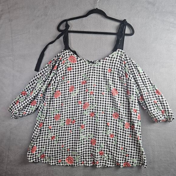torrid Tops - Torrid Gingham Floral Cold Shoulder Blouse Black White Rose Print Flowy Top Sz 4